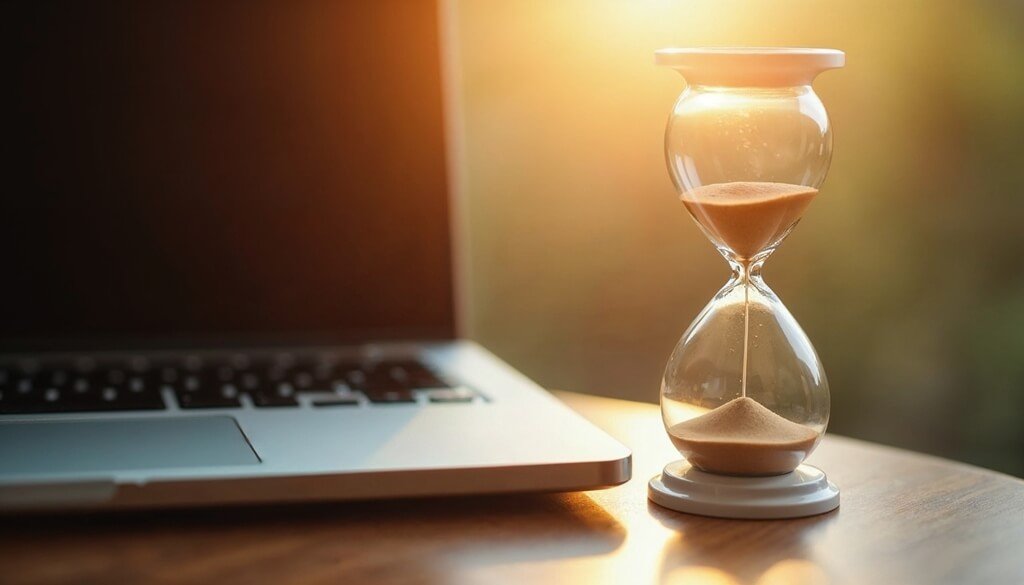 an hourglass next to a laptop an hourglass next to a laptop