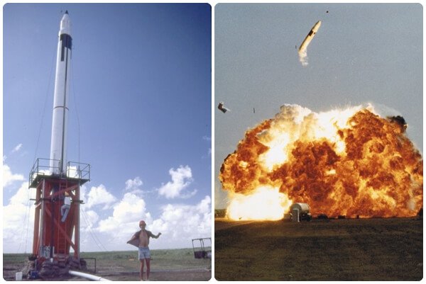 Jim Fruchterman stands next to a rocket on a launch pad before it launches
